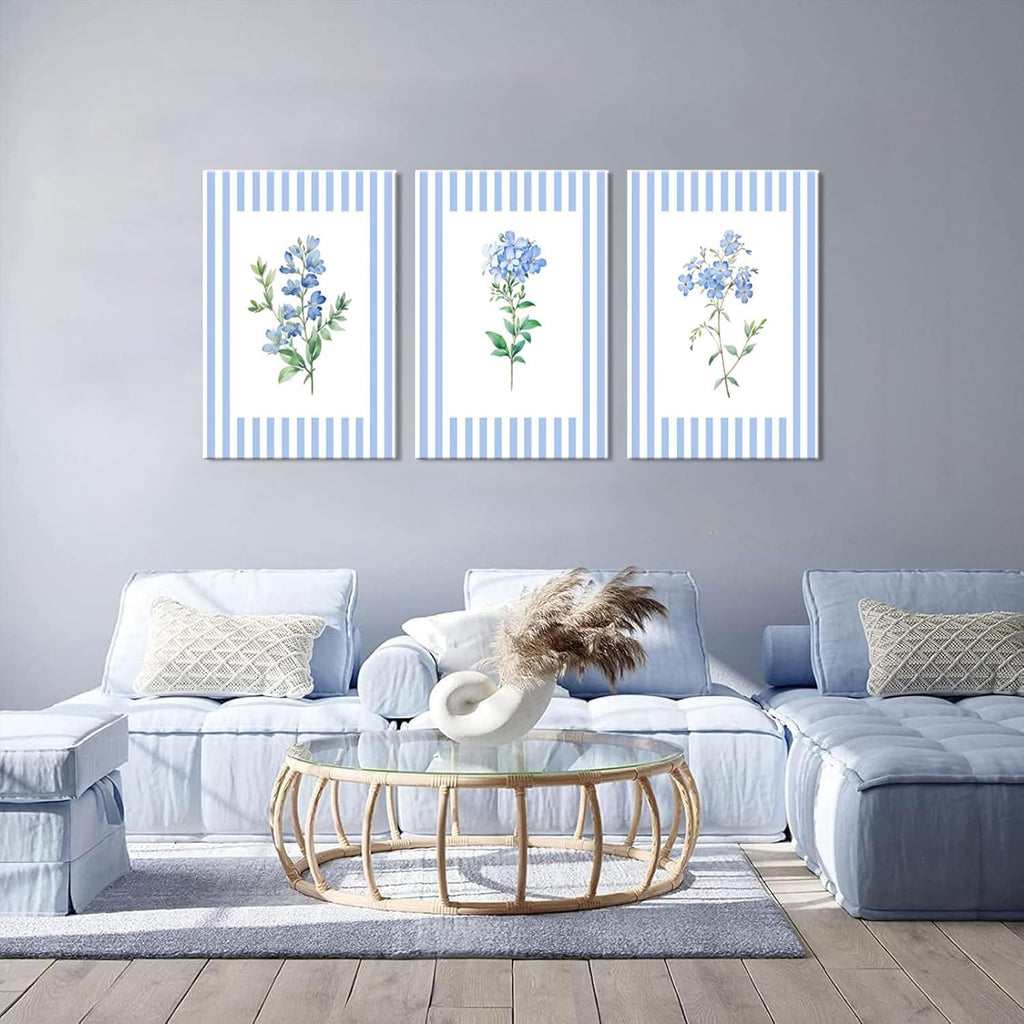 Rustic Blue and White Striped Canvas Floral Wall Art Prints Set of 3, Retro Cottagecore Botanical Flower Posters