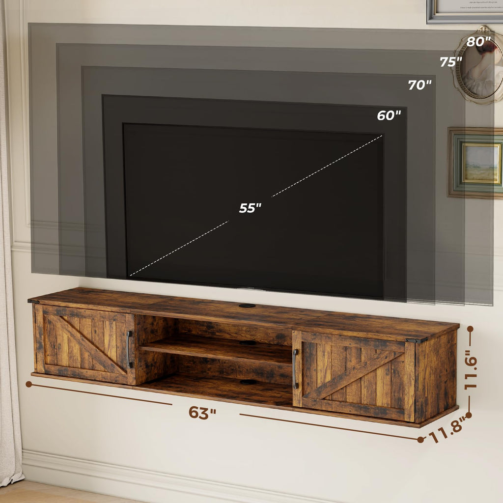 63" Farmhouse Floating TV Stand with Doors for TVs up to 80", Brown