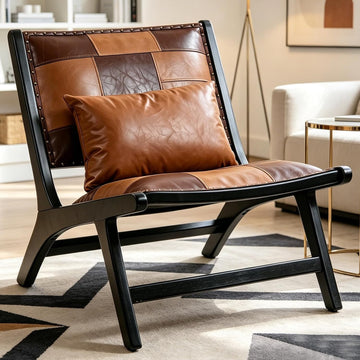 Modern Boho Accent Chair, Mid Century Lounge Chair with Solid Wood Frame, PU Leather Side Chair, Designer Small