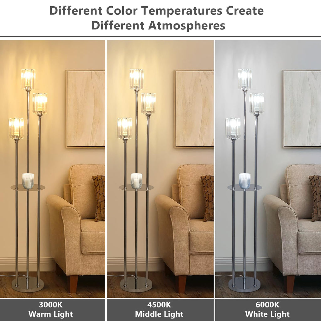Crystal Floor Lamps, Modern Floor Lamp with Shelves, 3-Lights Standing Lamp with Crystal Shade, On/Off Foot Switch