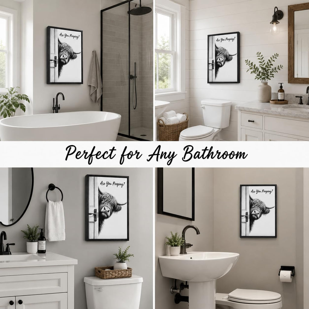 Framed Funny Bathroom Wall Art, Highland Cow Are You Pooping Canvas Print, Black and White Humor Bathroom Animal