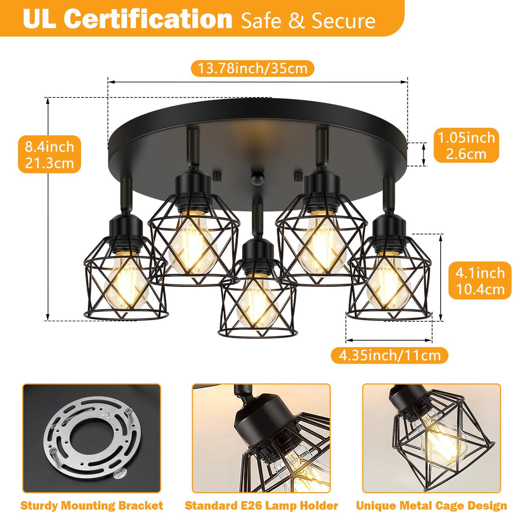 5-Light Adjustable Kitchen Light Fixtures, Multi-Directional Black Ceiling Light Fixtures, Semi Flush Mount Ceiling