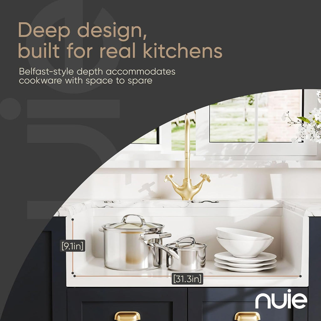 White Kitchen Sink 33 inch Single Bowl Apron Fluted Front Farmhouse Sink with Central Drain Position, Fireclay