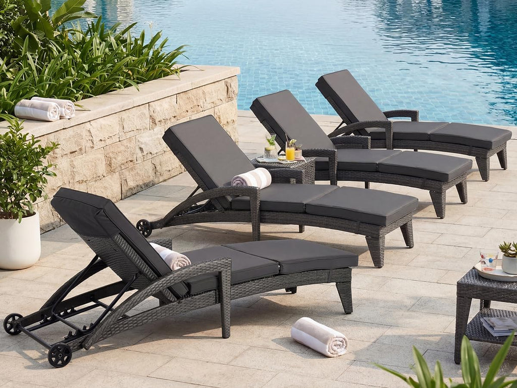 Patio Chaise Lounge Set of 2, Wicker Lounge Chairs Outdoor with Wheels, Wicker Chaise Lounges with Armrests All