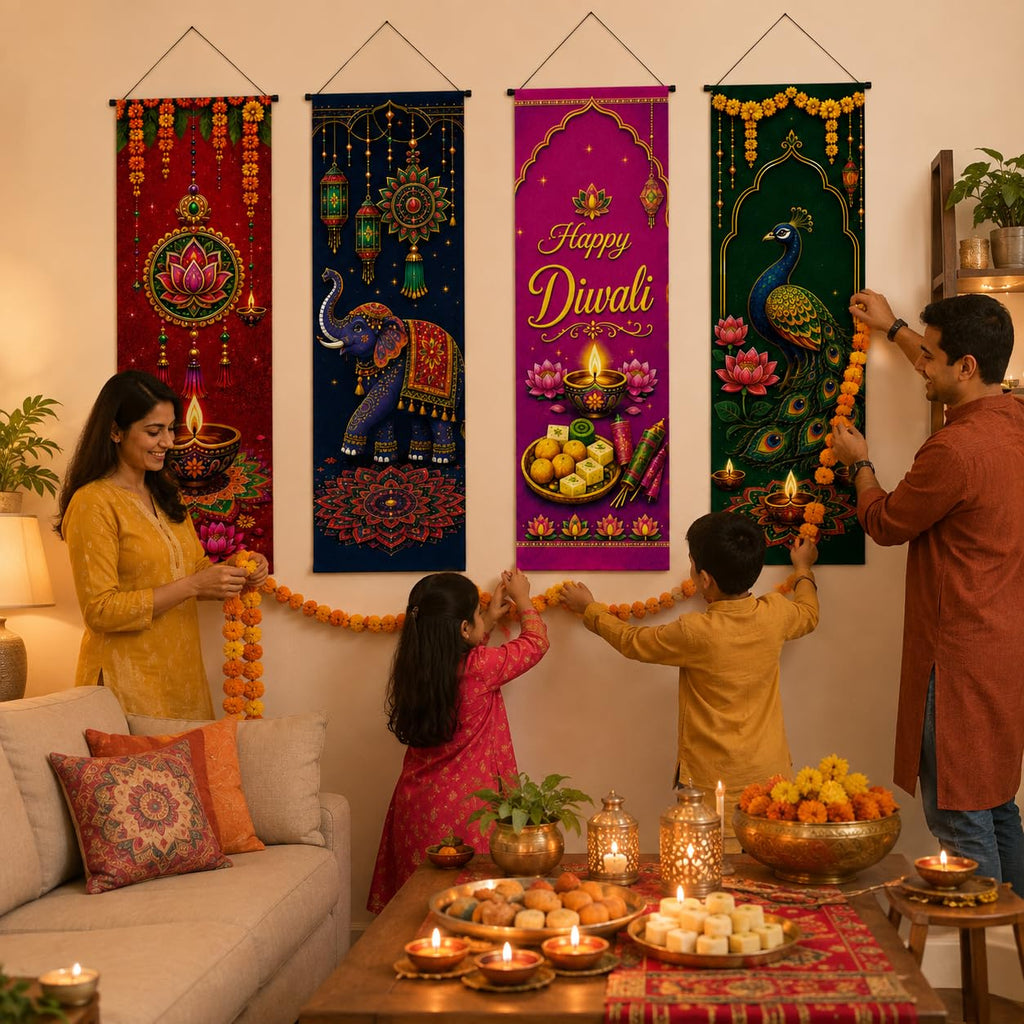 4 Pcs Happy Diwali Banner Set, Diwali Door Decorations 16.1 x 47.2 Inch, Indian Festival of Lights Porch Signs with