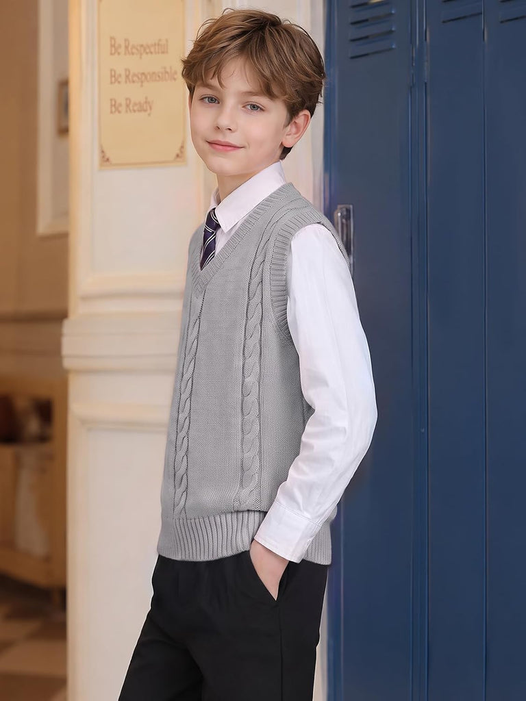 Boys V Neck Cable Knit School Uniform Sweater Vest