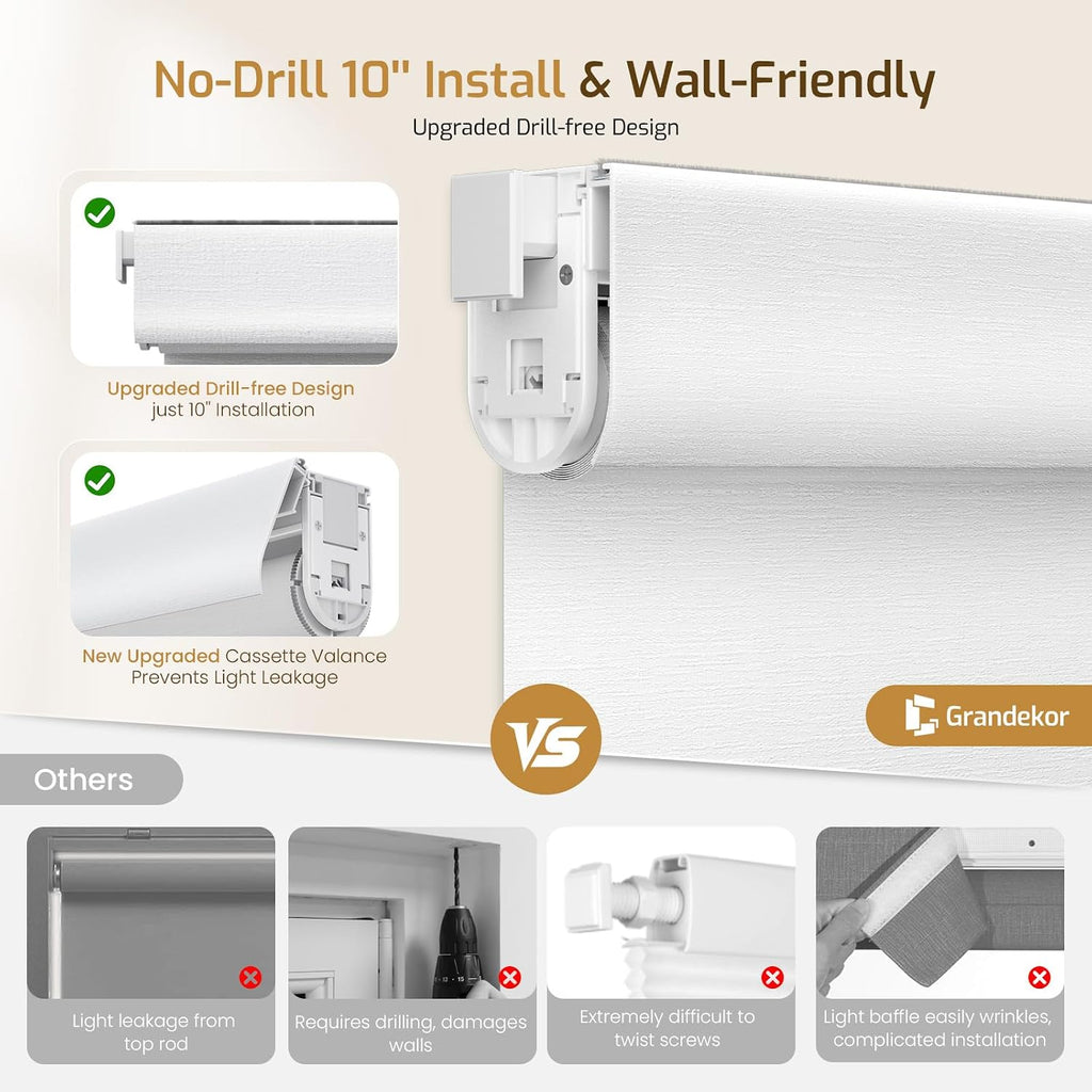No Drill Blackout Roller Shades | Textured-White 24.5Wx64H