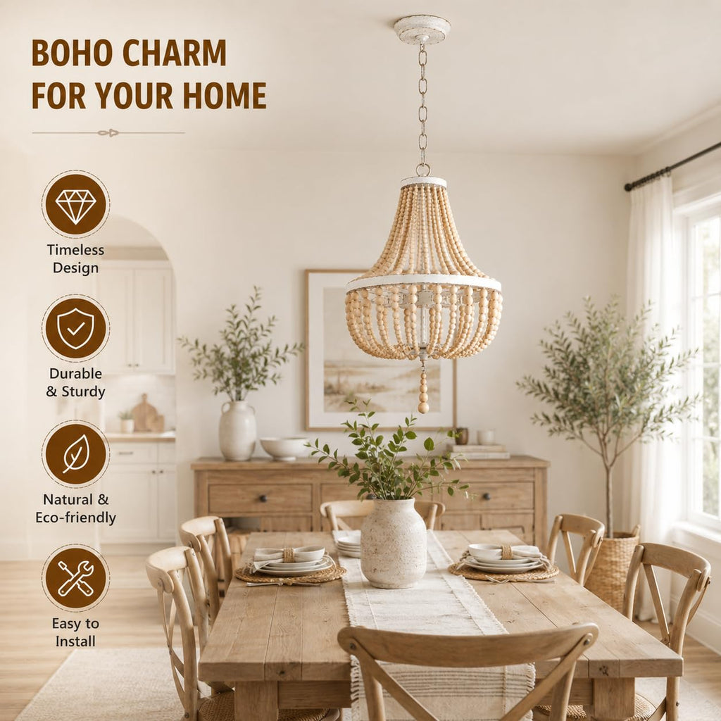 3-Light Mini Bohemian Wood Beaded Chandelier Pendant Boho Light Fixture, Antique Metal Finish Natural Color Wooden