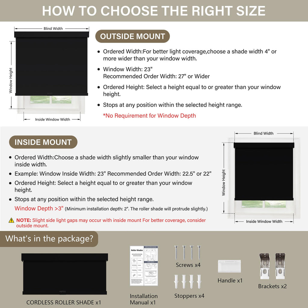 Cordless Blackout Roller Shades Blinds for Windows, Black