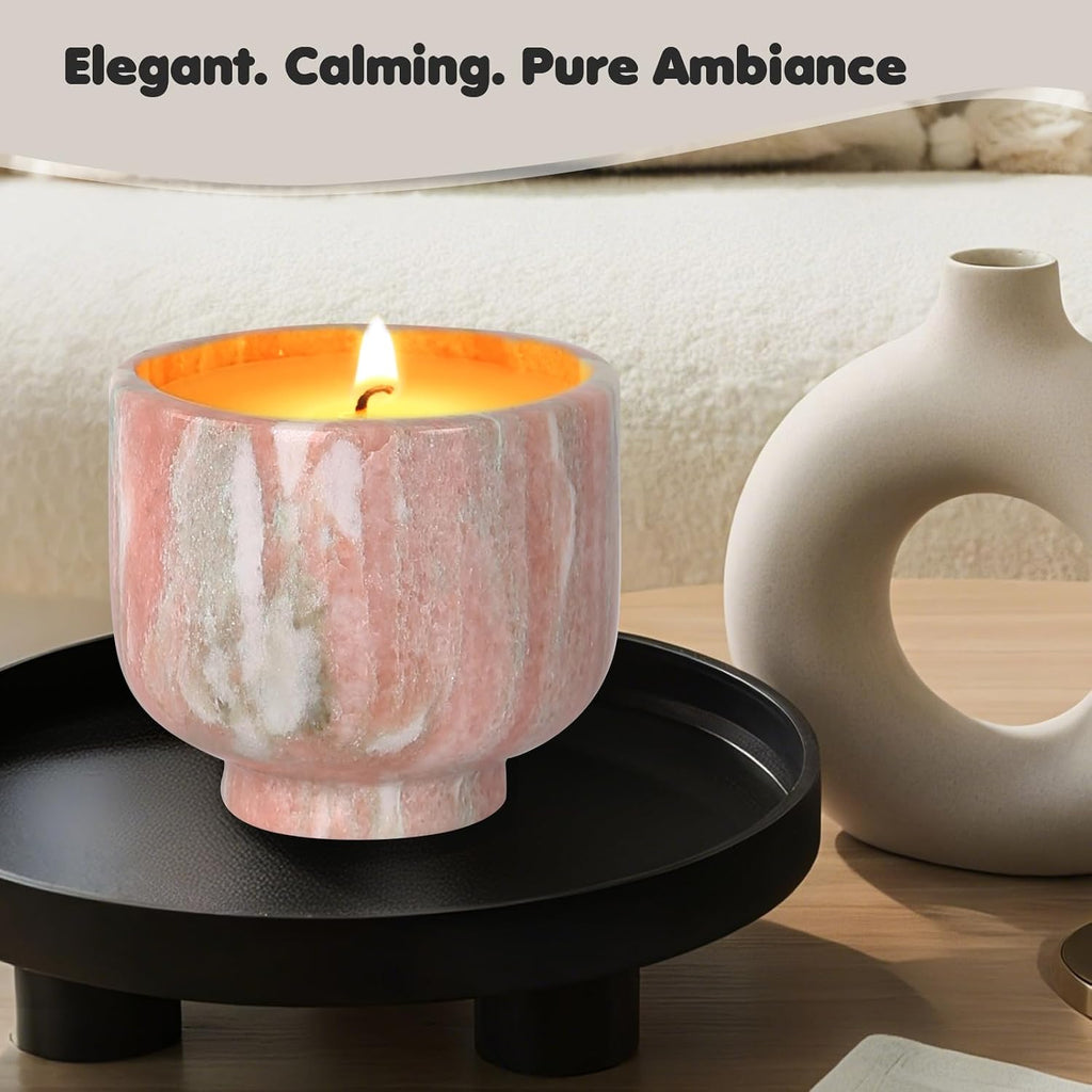 Natural Stone Candle | Handcrafted Red Marble Container | Warm Glow Home Decor | Soy Wax | Non Toxic, Cotton Wicks