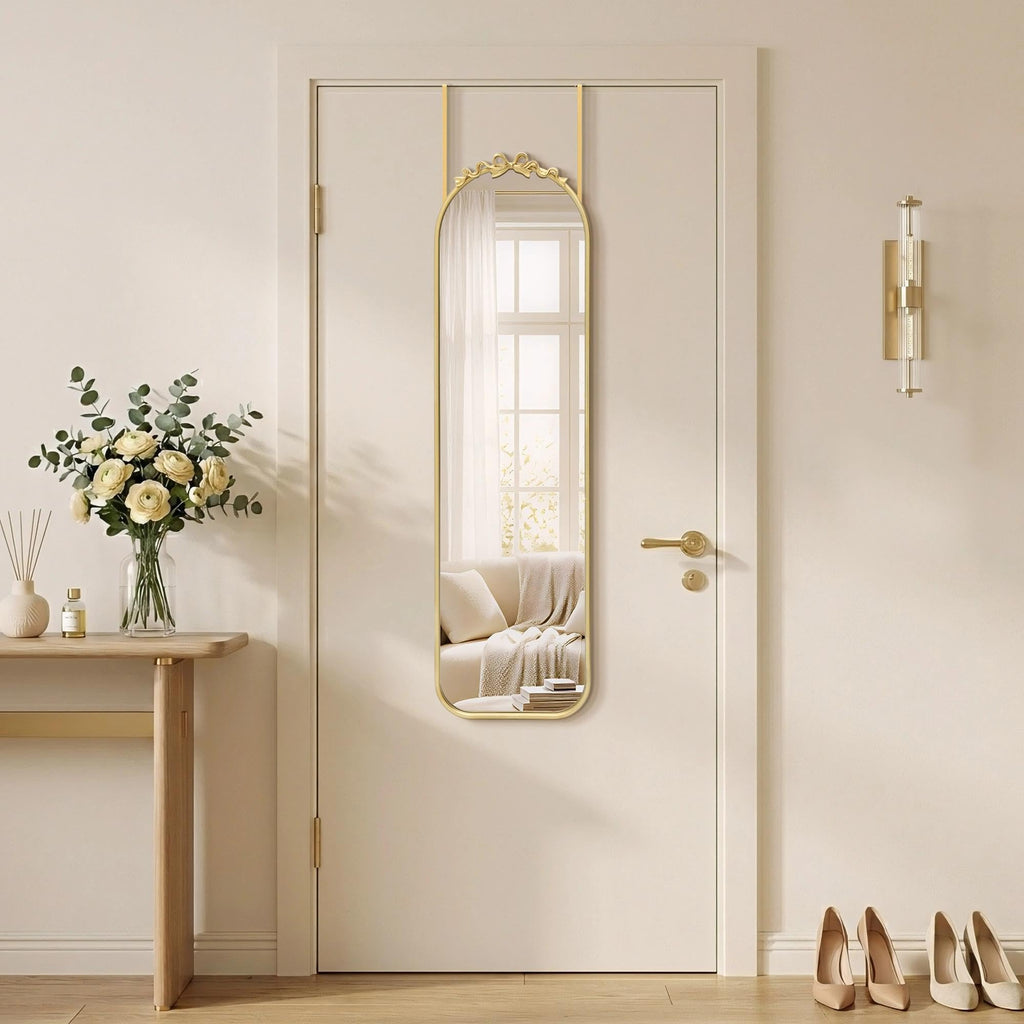 Door Mirror Full Length: 14"x50" Gold Bow Over The Door Hanging