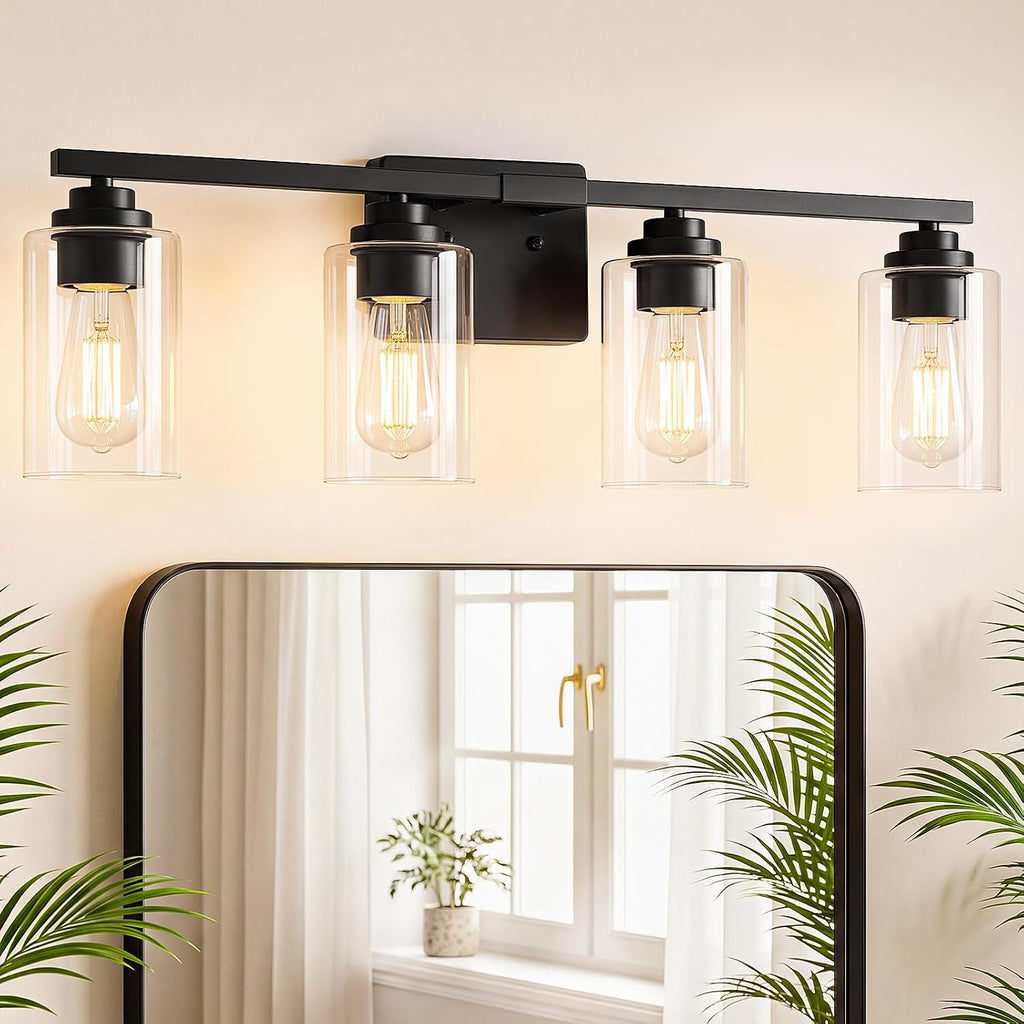 Black 4 Lights Bathroom Light Fixtures Over Mirror 27 Inches | Modern Vanity Lights Over Mirror with Clear Glass