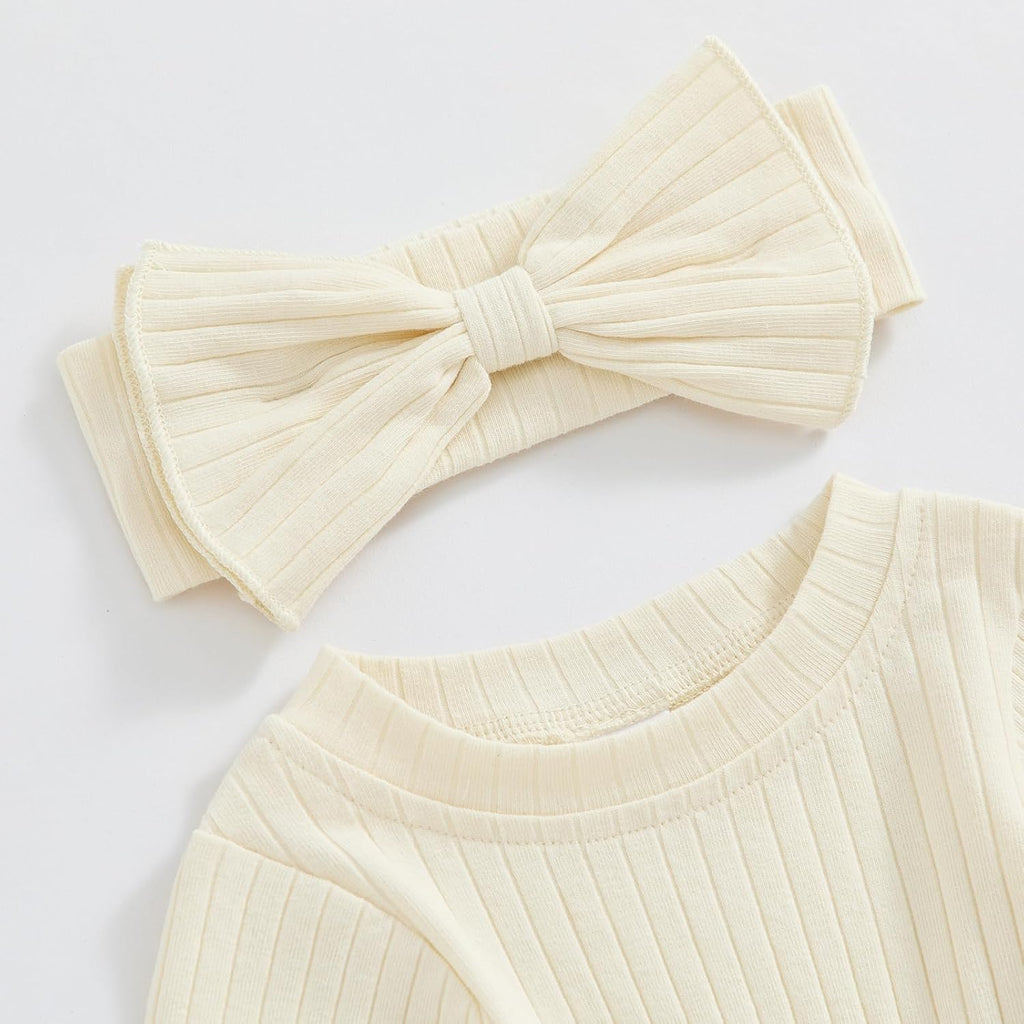 Newborn Baby Girl Fall Outfits Long Sleeve Ribbed Knit Jumpsuit Romper with Headband Infant Clothes Sets