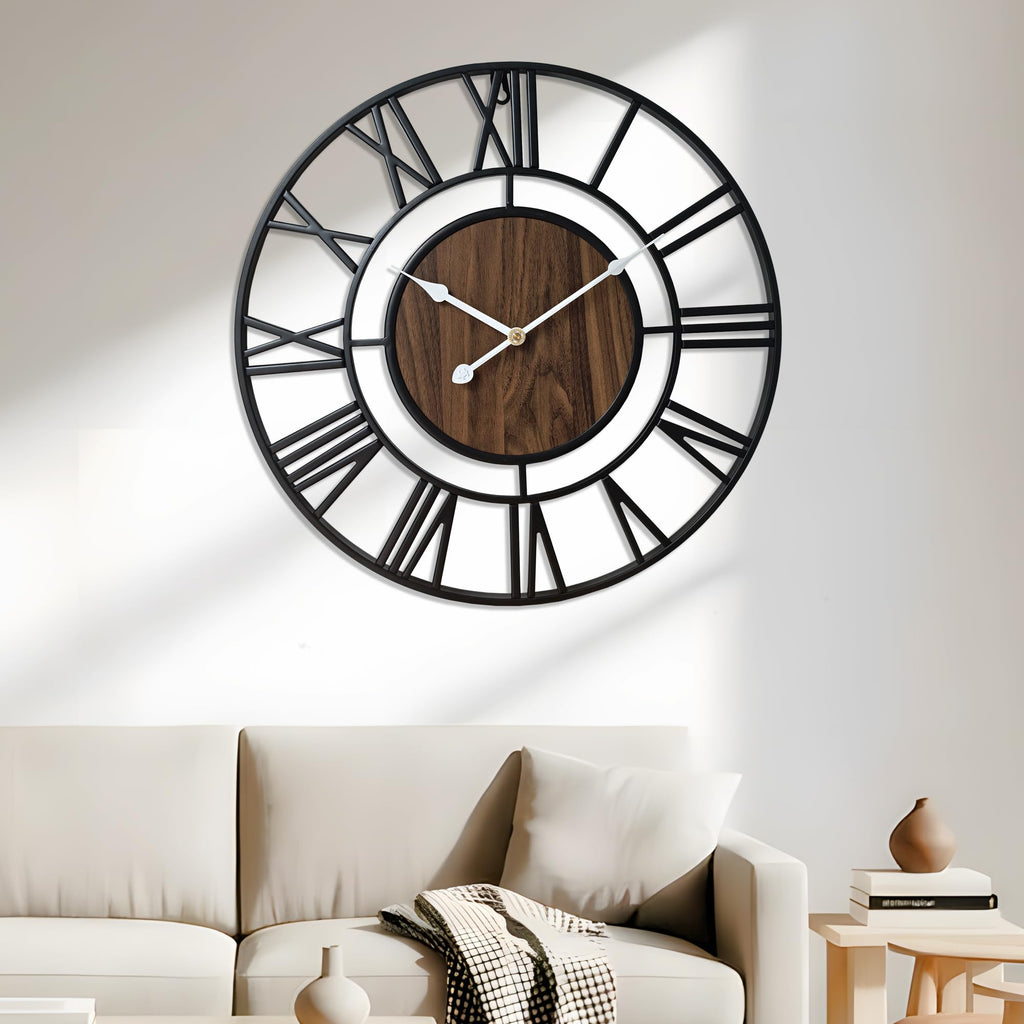 Large Metal Wall Clock, 30 Inch Retro Decorative Silent, Non Ticking, Battery Operated Modern Big Wood Wall Clock