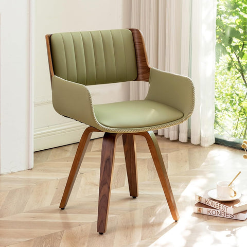 Swivel Dining Chair, Mid-Century Modern Faux Leather Chair with Armrests and Wood Legs, Green