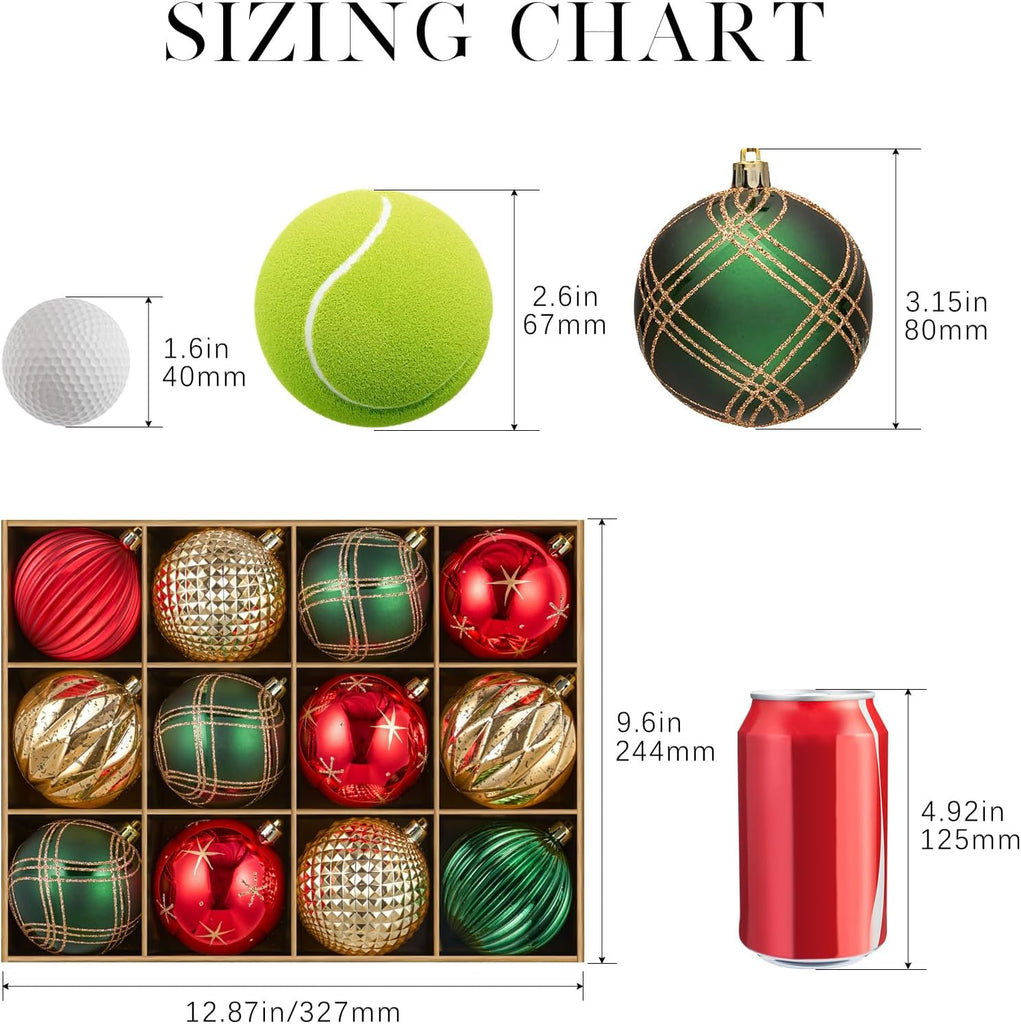 Christmas Tree Ornaments Set of 12, 3.15inch/80MM Shatterproof Plastic Xmas Tree Ball Ornaments Bulk Decorative