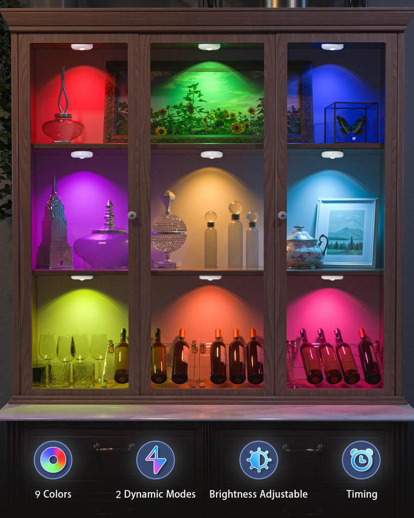 RGB Rechargeable Puck Lights with Remote Control, Under Cabinet Lighting Wireless, Dimmable Push Lights, Multicolor