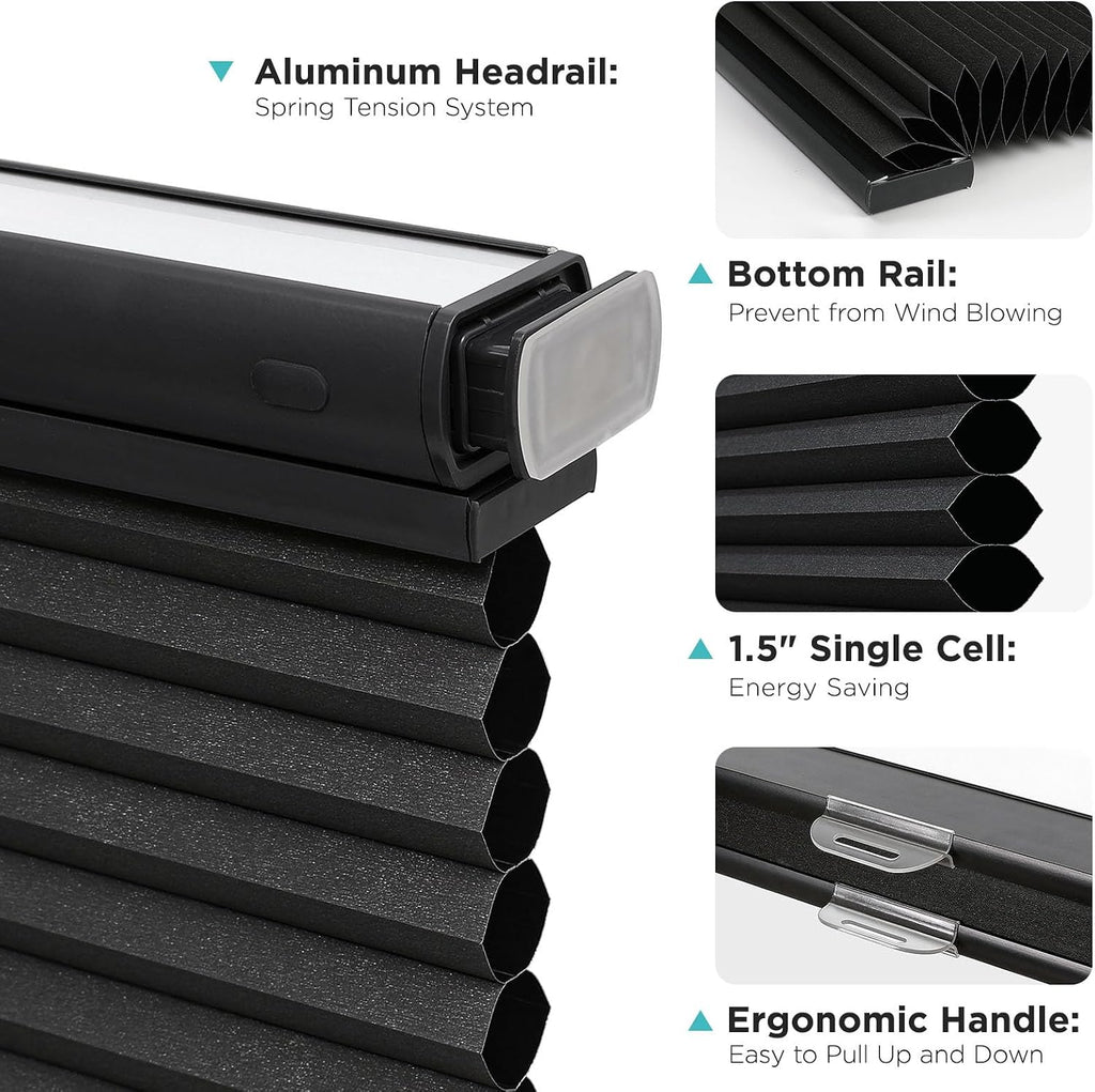 No Tools No Drill Blinds for Indoor Windows, Cordless Window Blinds Cellular Shades Top Down Bottom Up Blackout