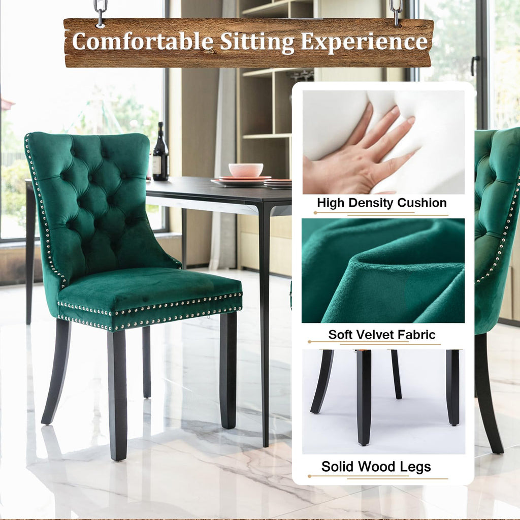 7-Piece Extendable Dining Table Set for 6, 63-78 Inch Rustic Brown Kitchen Table Set with 6 Green Tufted Chairs