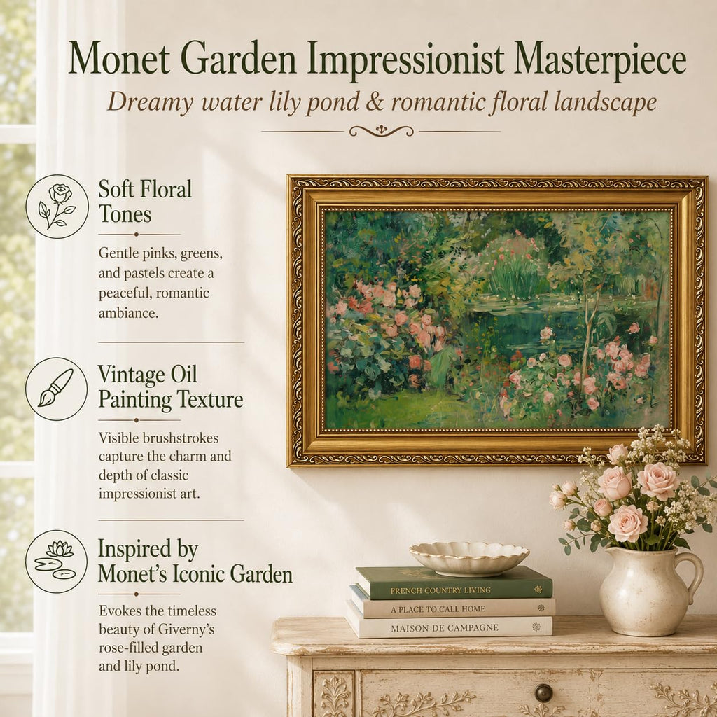 Vintage Gold Framed Monet Garden Wall Art, Impressionist Water Lily Pond Framed Canvas Print, French Country Floral