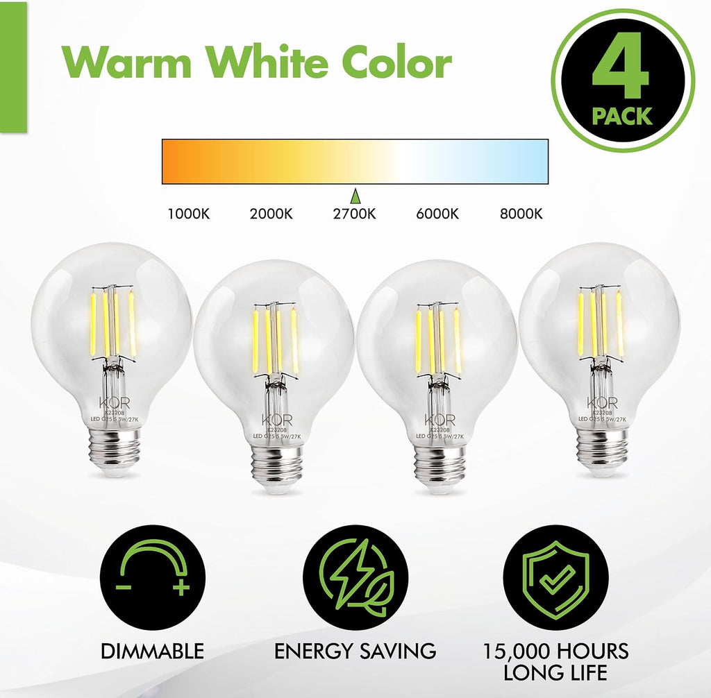 G25 LED Globe Light Bulbs, 60W Equivalent, 2700K, Dimmable, 4-Pack