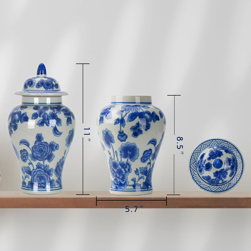 11′′ Blue & White Ginger Jar with Lid Classic Peony Home Decor Aesthetic