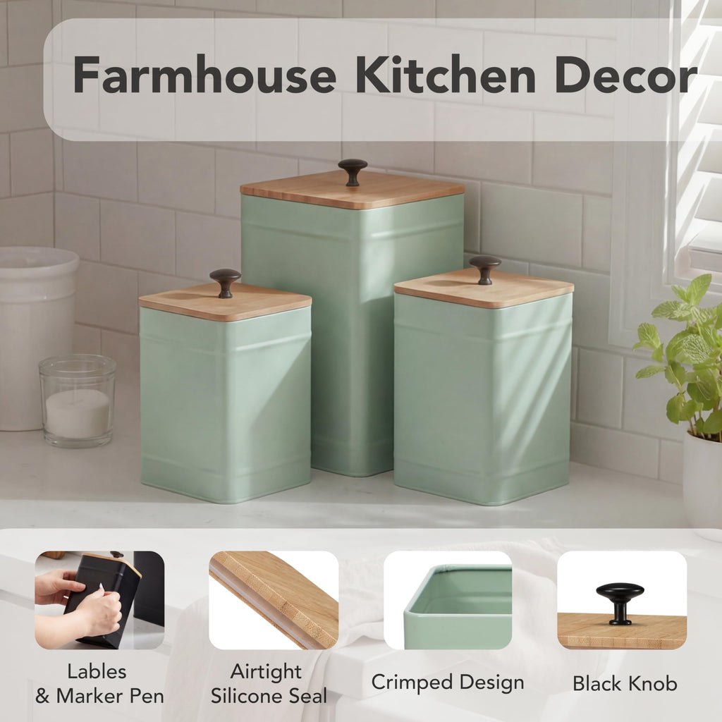 Kitchen Canisters for Countertop Set of 3, Airtight Canisters Sets Counter with Lid, Metal Farmhouse Food Storage