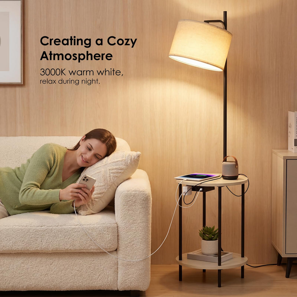 Floor Lamp with Table, USB/Type-C/AC Charging Ports, 9W LED Bulb, Round Table & Nightstand (Light Off-White)