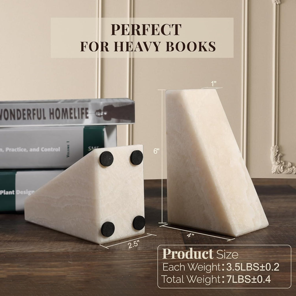 Marble Bookends for Shelves, Large Bookends for Heavy Books, Non-Slip 7Lbs Stone Book Ends for CD/Movies, Modern