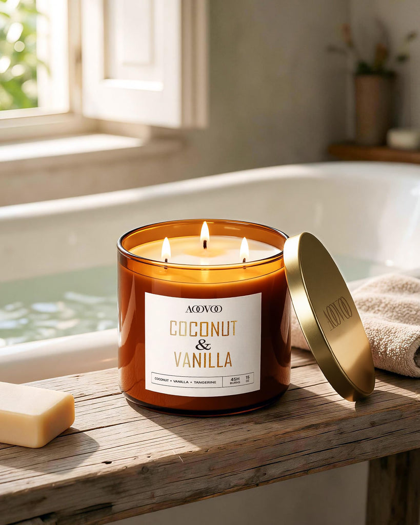 Coconut Vanilla Candles - 3 Wick Scented Candles, 15 oz, Aromatherapy Candle, Soy Candle Scented