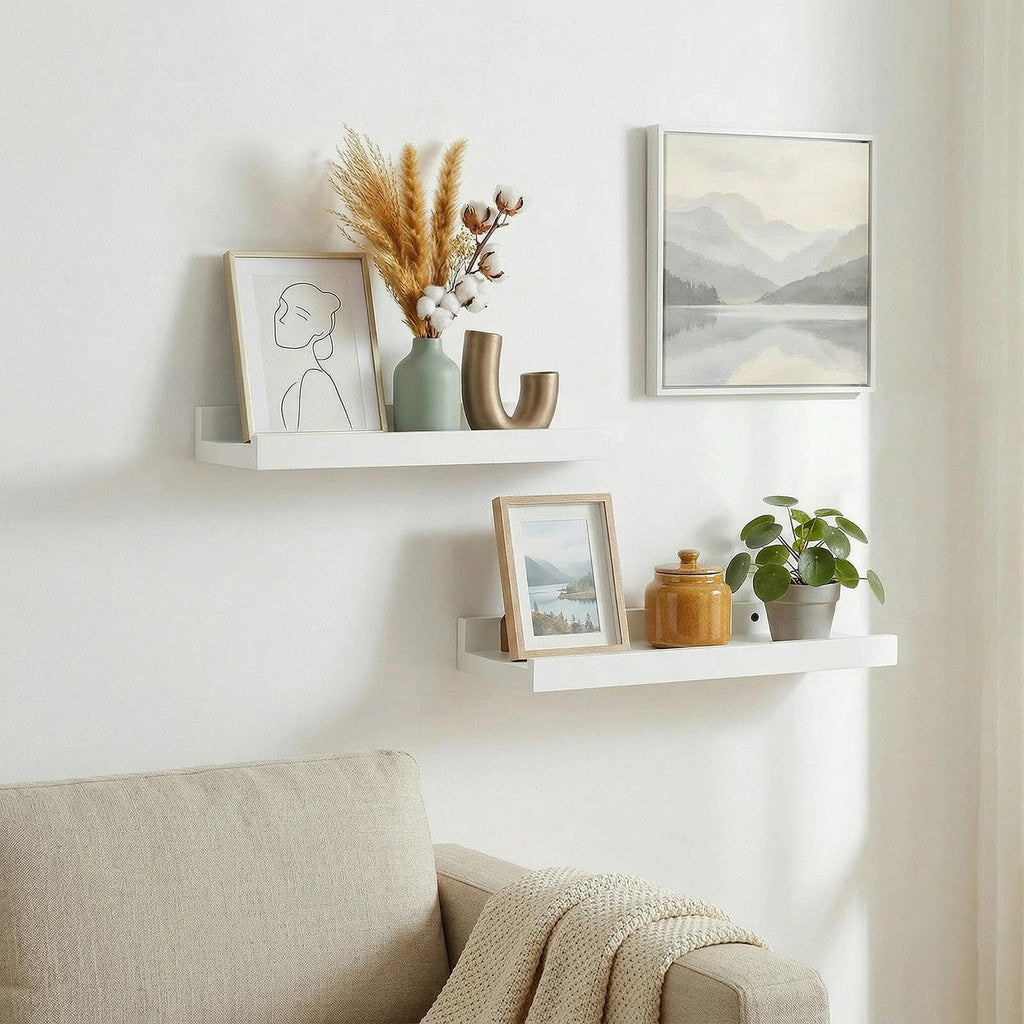 Small Floating Shelves, Natural Wooden Display Wall Shelf for Picture Ledge, Nursery Floating Shelves, White, Wall