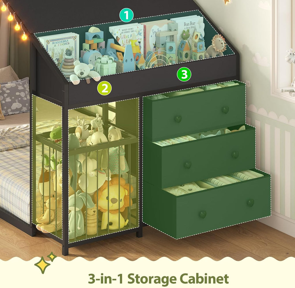 Montessori Twin Size Floor Bed, House Shape Bed, Tent, Children's Night Light, Toy Storage Cabinets, Drawer, Picture