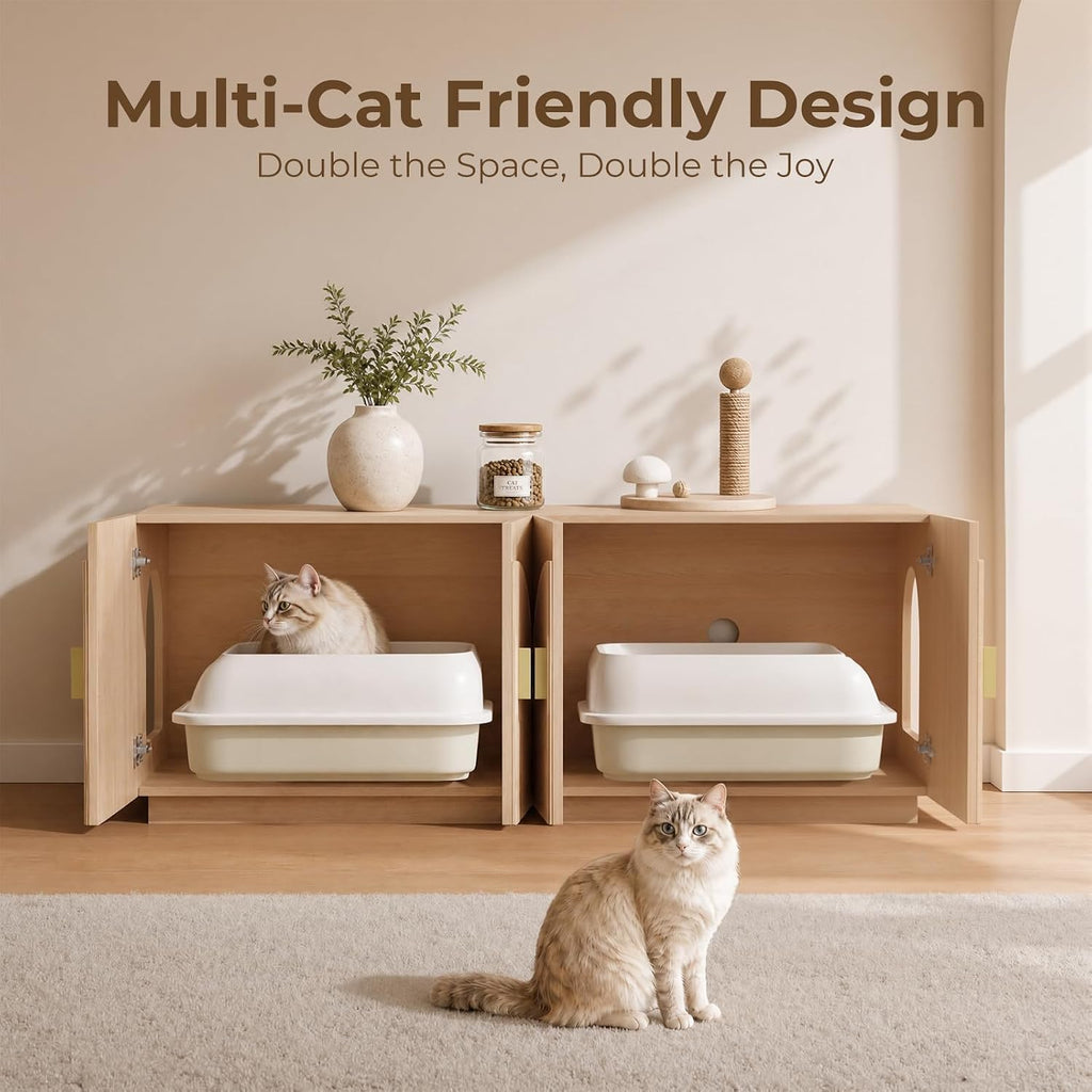 Double Cat Litter Box Enclosure Furniture with Optional Divider