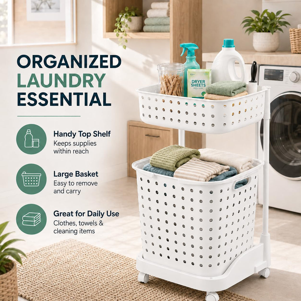 Slim Hamper with Wheels - 2 Tier Rolling Laundry Cart, Narrow Plastic Basket, Double Compartments, 360 Degree Swivel
