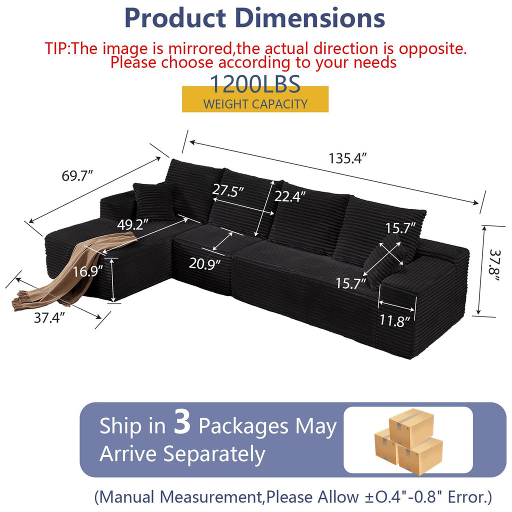 135.4" Cloud Sectional Couch with L-Shape Chaise, Modern Corduroy Boneless Couch, Memory Foam Sofa with Deep Seat, No