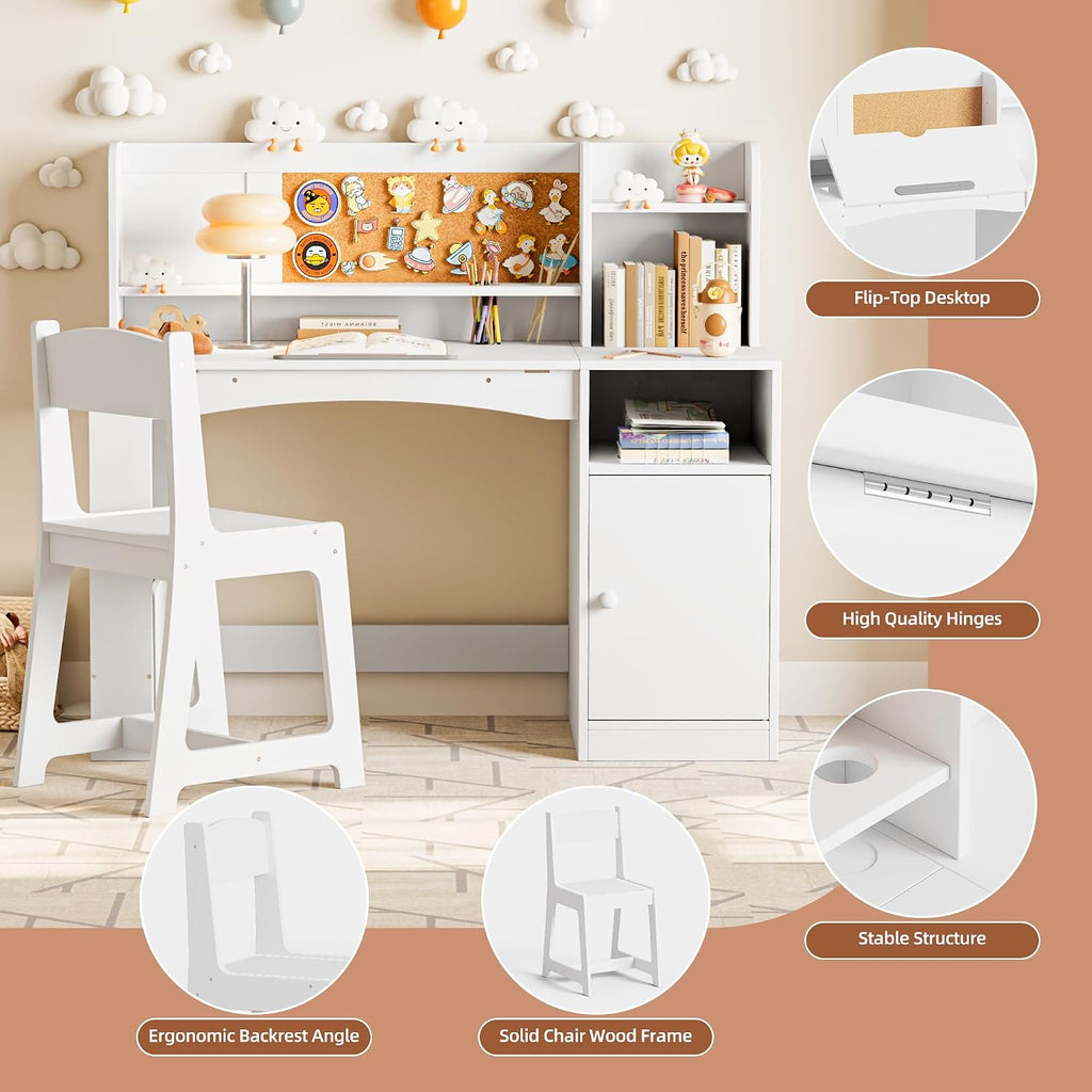 43In Kids Study Desk with Chair, Tiltable Desktop Kids Desk and Chair Set with Storage, Wooden Study Table for 5-12
