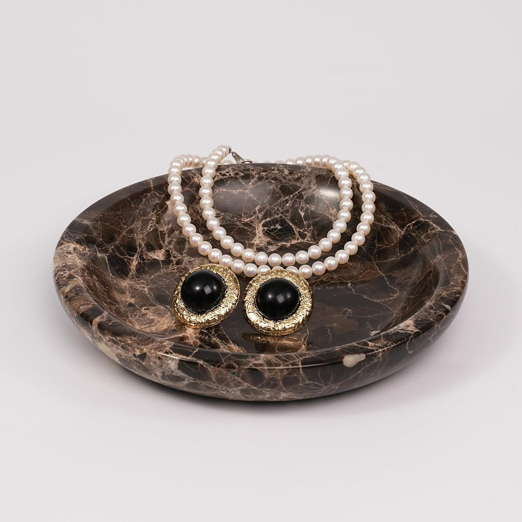 Brown Marble Jewelry Tray - Stone Trinket Ring Key Purse Holder Dish, Small Cute Round Plate Decorative Bowl for