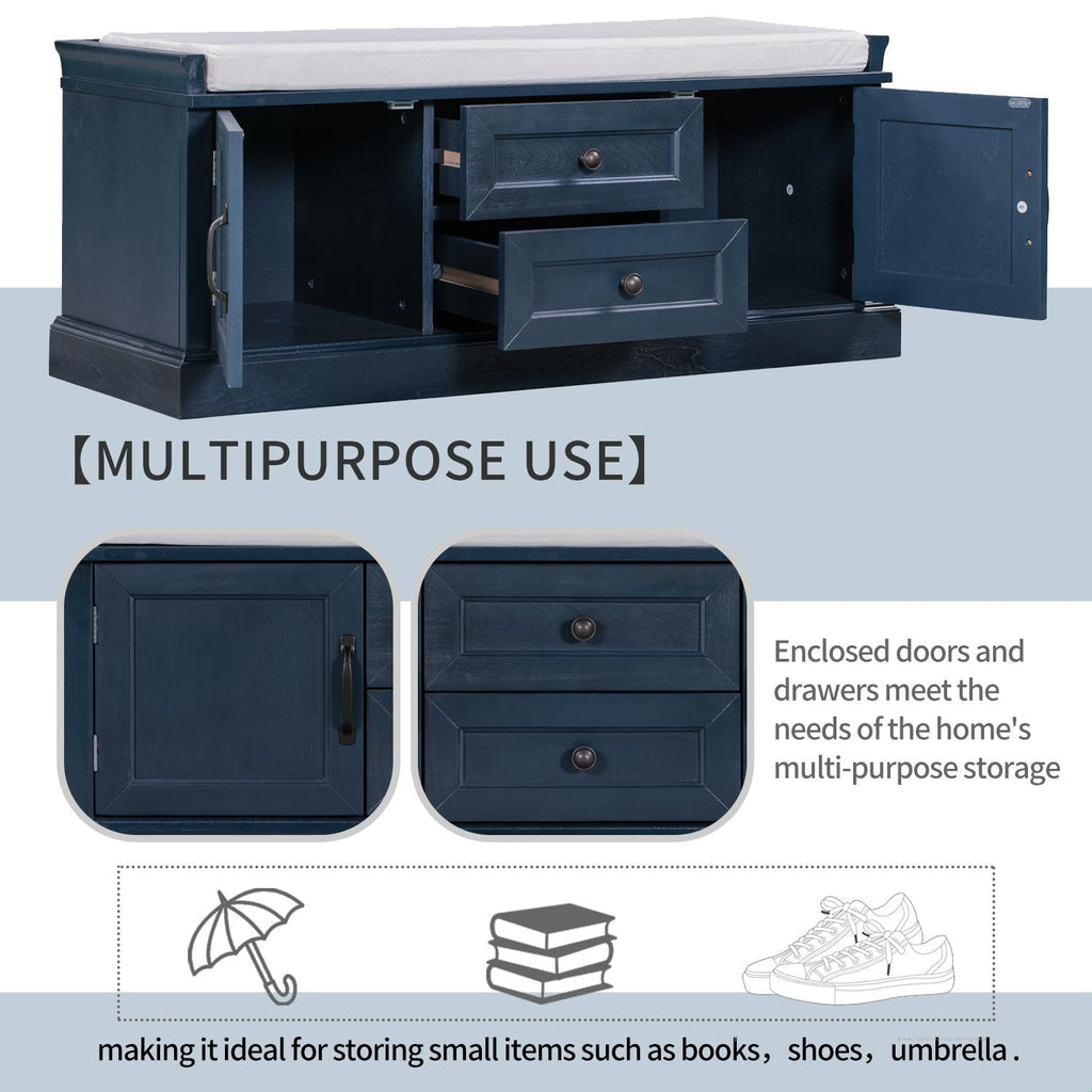 Rustic Storage Bench with 4 Doors 2 Draws Adjustable Shelves Removable Cushion Rectangular Cabinet Foot Rest Stool