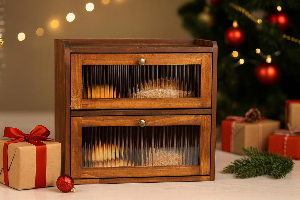 Countertop Wooden Bread Storage Container Bin 2 Layer Breadbox Holder Large Capacity Keeper Vintage Farmhouse Food