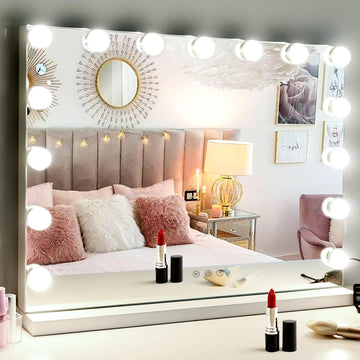 Hollywood Vanity Mirror with Dimmable 15LED Bulbs Lights 3 Lighting Modes 2in1 Large Lighted Makeup Mirror for Desk