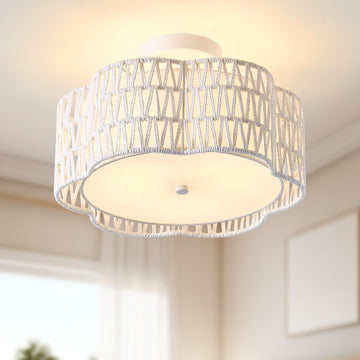 13.4" Boho Light Fixtures Flush Mount, 3-Light Rattan Ceiling Light Fixtures Flush Mount Gold, Flower-Shaped Close