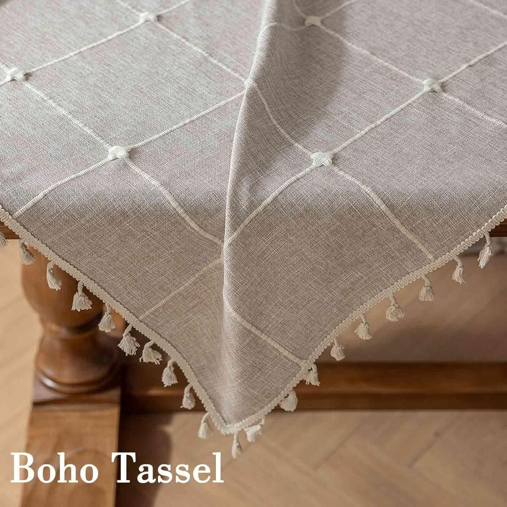 Rectangle Tablecloth Boho Grid with Tassels 55 x 84 Inch, Light Tan Embroidered Table Cloth Cover He