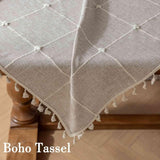 Rectangle Tablecloth Boho Grid with Tassels 55 x 84 Inch, Light Tan Embroidered Table Cloth Cover He