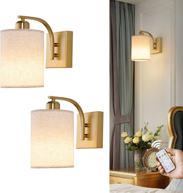 Gold Rechargeable Wall Sconces Set of 2 with Remote, Wireless Battery Operated Dimmable LED Wall Lights, Cordless