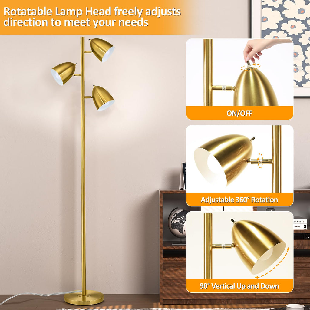 65-Inch Gold 3-Light Tree Floor Lamp with Adjustable Metal Heads