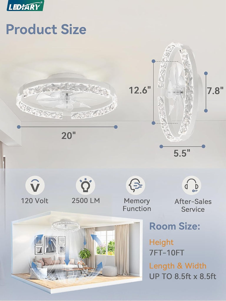 20 Inch Low Profile Ceiling Fans with Lights and Remote, Fandelier Ceiling Fan Flush Mount