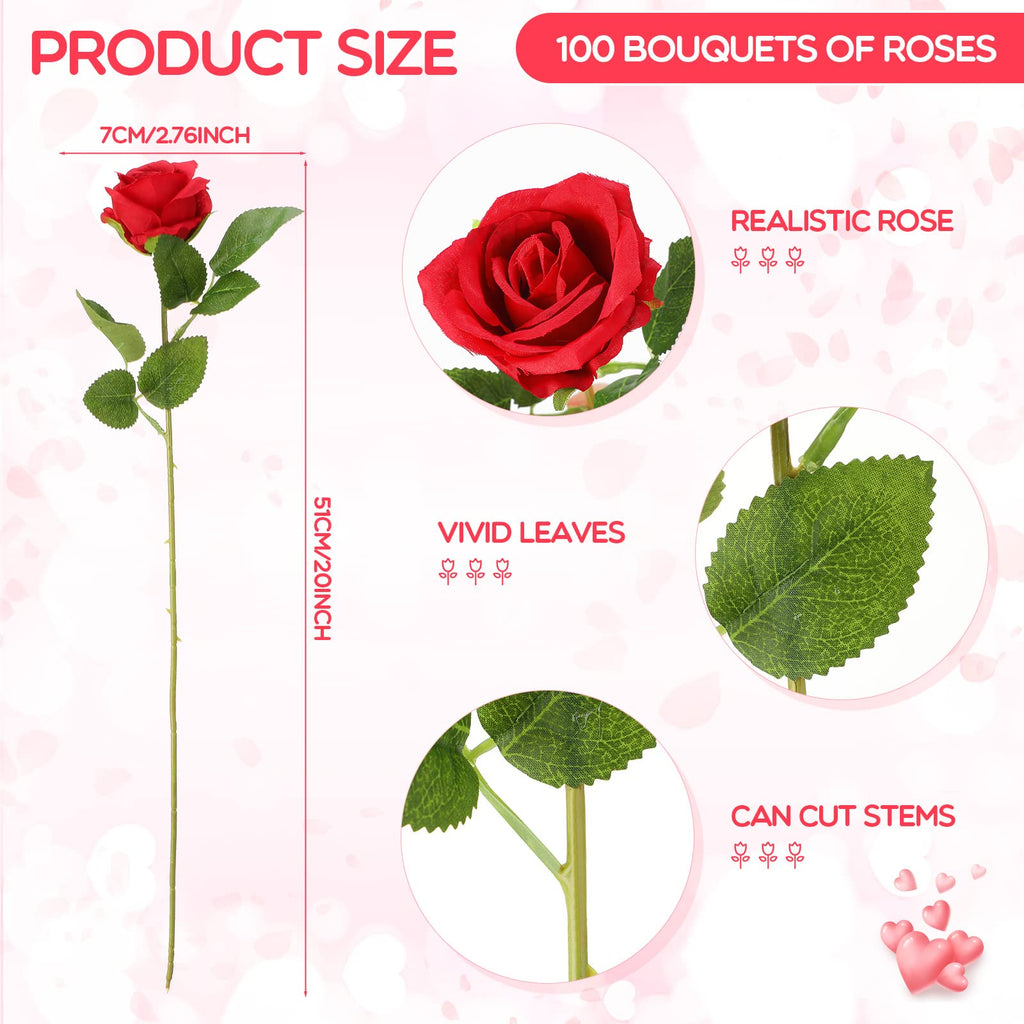 100 Pcs Artificial Roses Flowers Bulk, Red