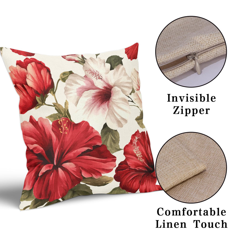 2PCs Hibiscus Flower Pillow Covers Tropical Red White Floral Decorative Throw Pillowcases 20x20inch Spring Summer