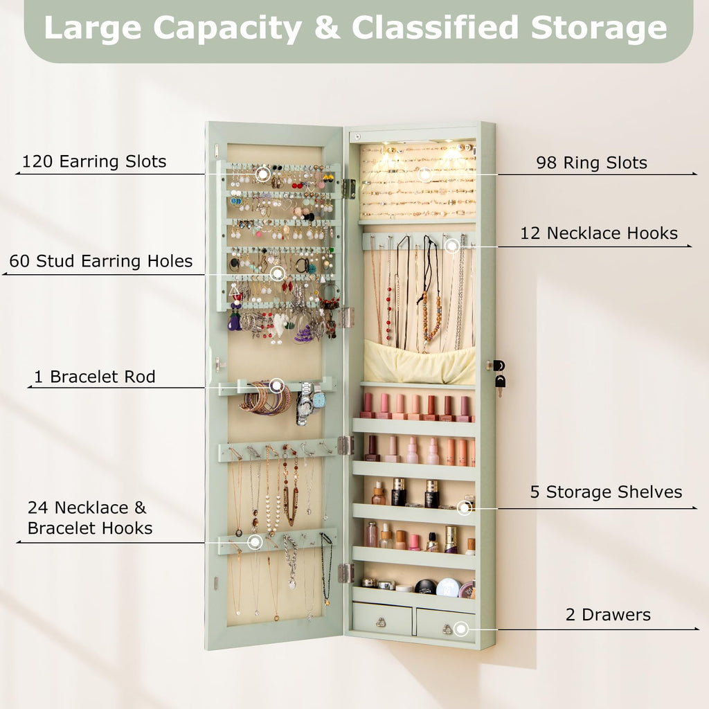 Wall Mounted Jewelry Armoire with Full Length Mirror & 2 LED Lights, Large Storage Capacity, Lockable Mirror Jewelry