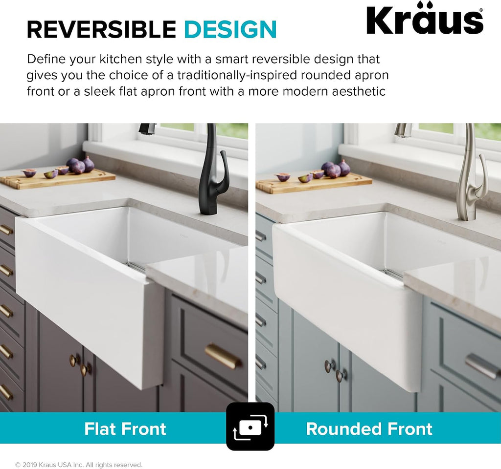 KFR1-33GWH Turino Reversible 33-inch Fireclay Farmhouse Flat Apron Front Single Bowl Kitchen Sink with Bottom Grid in